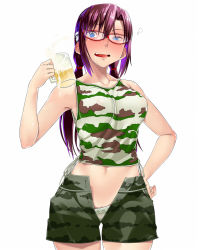 Rule 34 | 00s, 1girl, @ @, alcohol, bad id, bad pixiv id, beer, beer mug, blue eyes, breasts, brown hair, camouflage, covered erect nipples, cup, drunk, evangelion: 2.0 you can (not) advance, female pubic hair, glasses, hand on own hip, hiccup, icebox, makinami mari illustrious, midriff, mug, navel, neon genesis evangelion, open clothes, open shorts, panties, pubic hair, rebuild of evangelion, shorts, simple background, solo, tank top, twintails, unbuttoned, underwear, uneven eyes, white background