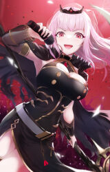 Rule 34 | 1girl, alulunkiruto, belt, black cape, black dress, black sleeves, black tiara, bracer, breasts, cape, commentary, detached sleeves, dress, english commentary, hand up, highres, holding, holding microphone, hololive, hololive english, large breasts, long hair, looking at viewer, microphone, mori calliope, mori calliope (1st costume), open mouth, pink eyes, pink hair, red background, see-through, see-through sleeves, see-through veil, single bracer, single detached sleeve, smile, solo, spikes, teeth, thighs, tiara, torn cape, torn clothes, virtual youtuber, white belt, white veil