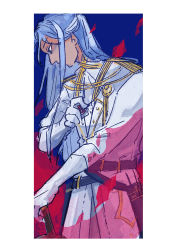 Rule 34 | 1boy, border, coat, commentary request, cowboy shot, expressionless, formal, gloves, grey eyes, heinrich (ragnarok online), holding, holding sword, holding weapon, long hair, long sleeves, looking down, male focus, pants, ragnarok online, solo, sword, weapon, white border, white coat, white gloves, white hair, white pants, zhi xie