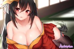 Rule 34 | 1girl, artist name, ayuteisyoku, azur lane, bad id, bad twitter id, bare shoulders, black hair, black legwear, blush, breasts, cleavage, collarbone, hair between eyes, inactive account, japanese clothes, kimono, large breasts, long hair, looking at viewer, lying, oekaki, off shoulder, on stomach, open clothes, open kimono, parted lips, pleated skirt, red eyes, red kimono, sidelocks, skirt, solo, taihou (azur lane), twintails, very long hair