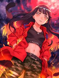 Rule 34 | 1girl, absurdres, belt, black feathers, black hair, blush, breasts, camouflage, camouflage pants, cloud, feathers, glint, hands in pockets, highres, huge filesize, jacket, looking at viewer, midriff, moon, navel, outdoors, pants, parted lips, purple sky, red eyes, red jacket, red moon, sky, small breasts, solo, standing, tokyo 7th sisters, torn clothes, yakimi 27
