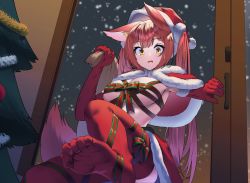 Rule 34 | 1girl, animal ears, armpits, breasts, capelet, christmas, christmas tree, cleavage, commission, elbow gloves, feet, fox ears, fox girl, fox tail, fur-trimmed capelet, fur trim, gloves, green ribbon, hand up, hat, highres, holding, large breasts, long hair, looking at viewer, miniskirt, no shoes, open mouth, original, red gloves, red hair, red hat, red skirt, red thighhighs, ribbon, ribbon bra, sack, santa hat, skirt, snowing, solo, sweatdrop, tail, thighhighs, twintails, very long hair, wide-eyed, ybee, yellow eyes