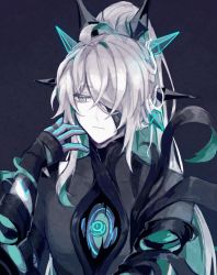 Rule 34 | 1boy, @ @, ahoge, ainchase ishmael, animated, animated gif, artist name, black gloves, blinking, colored inner hair, core, corruption, detached arm, elsword, expressionless, gloves, green hair, hair over one eye, half mask, headdress, herrscher (elsword), high ponytail, kuri-s, long hair, male focus, mask, multicolored hair, sideways glance, signature, silver hair, smile, solo, twitter username, very long hair