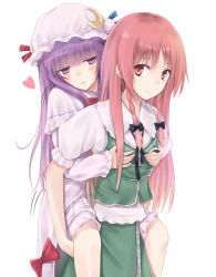 Rule 34 | 2girls, blush, bow, braid, breasts, carrying, crescent, female focus, grabbing, grabbing another&#039;s breast, groping, hair bow, hat, heart, highres, hong meiling, long hair, multiple girls, no headwear, patchouli knowledge, piggyback, purple eyes, purple hair, red eyes, red hair, simple background, small breasts, suzushiro yukari, touhou, twin braids, yuri