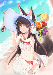 Rule 34 | 1girl, :t, absurdres, adjusting clothes, adjusting headwear, animal ears, azur lane, bare shoulders, beach, bird, black hair, blunt bangs, blurry, chick, collarbone, commentary request, covered navel, date shichuan majiang, depth of field, flower, food, fox ears, fox girl, fox mask, fox tail, from above, fruit, grapes, hair ornament, hairclip, hat, hat flower, hat ornament, highres, jewelry, long hair, looking at viewer, looking up, manjuu (azur lane), mask, mask on head, nagato (azur lane), nagato (great fox&#039;s respite) (azur lane), necklace, ocean, official alternate costume, panties, pout, red panties, ribbon-trimmed legwear, ribbon trim, scrunchie, see-through, side-tie panties, sidelocks, spaghetti strap, sun hat, tail, underwear, white legwear, wrist scrunchie, yellow eyes