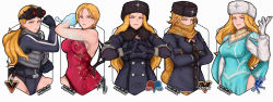 Rule 34 | 1girl, alternate costume, animal print, blonde hair, blue eyes, breasts, butterfly print, commentary, dated, dress, english commentary, fur hat, fur trim, gloves, hat, hershuar, highres, jacket, kolin, leotard, long hair, looking at viewer, night-vision device, official alternate costume, ponytail, pouch, resident evil, resident evil 4, russian clothes, scarf, short hair, sleeveless, sleeveless dress, street fighter, street fighter v, twitter username, ushanka, vest