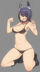 Rule 34 | 10s, 1girl, alternate costume, armpits, bikini, black bikini, black footwear, boots, breasts, cleavage, clenched hand, eyepatch, full body, gluteal fold, grey background, groin, hair between eyes, hands up, harau, headgear, kantai collection, kneeling, large breasts, looking at viewer, navel, one eye covered, palms, purple hair, short hair, sideboob, simple background, solo, spread fingers, string bikini, sweat, swimsuit, tenryuu (kancolle), wavy mouth, yellow eyes