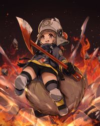Rule 34 | 1girl, :d, absurdres, arknights, axe, black gloves, black jacket, black shorts, boots, brown eyes, brown hair, embers, fire, firefighter, firefighter jacket, gloves, helmet, highres, holding, holding axe, jacket, jiusan naitang, knee pads, left-handed, long sleeves, open mouth, rock, shaw (arknights), short hair, short shorts, shorts, smile, solo, thighhighs