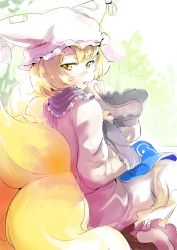 Rule 34 | 1girl, blonde hair, dress, eyelashes, fox tail, hat, hat with ears, kitsune, kyuubi, long sleeves, looking at viewer, looking back, multiple tails, sinzan, solo, tabard, tail, tongue, tongue out, touhou, white dress, wide sleeves, yakumo ran, yellow eyes