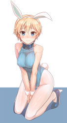 Rule 34 | 10s, 1girl, adapted costume, animal ears, bare shoulders, blonde hair, blue eyes, blue footwear, blue leotard, blush, brave witches, breasts, breasts squeezed together, closed mouth, collarbone, covered erect nipples, eyelashes, fake animal ears, frown, full body, fur trim, hair between eyes, hairband, high heels, highres, kneeling, konnyaku (kk-monmon), leotard, long sleeves, looking at viewer, medium breasts, nikka edvardine katajainen, pantyhose, rabbit ears, rabbit tail, ribbed leotard, shiny clothes, shoes, short hair, sleeveless, solo, tail, v arms, white pantyhose, world witches series, wrist cuffs