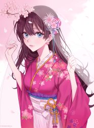 Rule 34 | 10s, 1girl, :3, bad id, bad pixiv id, blue eyes, breasts, brown hair, cherry blossoms, earrings, eyelashes, fingernails, floral print, flower, flower earrings, hair between eyes, hair flower, hair ornament, hakama, hakama skirt, holding, ichinose shiki, idolmaster, idolmaster cinderella girls, japanese clothes, jewelry, kimono, lipstick, long hair, long sleeves, looking at viewer, makeup, medium breasts, nail polish, parted lips, pink background, pink flower, pink kimono, pink lips, pink nails, print kimono, pururu (rurucatnya), see-through, skirt, smile, solo, twitter username, upper body, veil, white background, wide sleeves