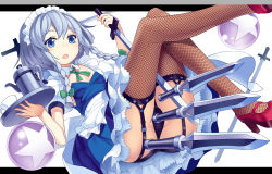 Rule 34 | 1girl, apron, ass, black panties, blue eyes, blush, braid, breasts, cleavage, cup, fishnet thighhighs, fishnets, flat chest, garter straps, izayoi sakuya, knees up, knife, maid, maid apron, maid headdress, mikan (bananoha), panties, short sleeves, silver hair, solo, sword, teacup, teapot, thighhighs, touhou, tray, twin braids, underwear, waist apron, weapon