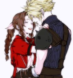 Rule 34 | 1boy, 1girl, aerith gainsborough, armor, arms around waist, bandages, belt, blonde hair, blue shirt, braid, brown hair, closed eyes, cloud strife, couple, cropped jacket, curly hair, dress, final fantasy, final fantasy vii, final fantasy vii remake, gloves, hair ribbon, hetero, highres, jacket, long hair, nail polish, open mouth, parted bangs, pink dress, pink nails, pink ribbon, red jacket, ribbon, shirt, shoulder armor, sidelocks, sleeveless, sleeveless turtleneck, smile, souryu513 (sousuke), spiked hair, square enix, suspenders, teeth, turtleneck, upper body, upper teeth only, white background