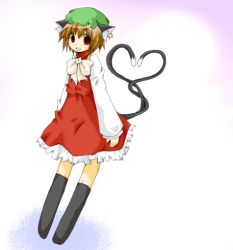 Rule 34 | 1girl, animal ears, brown hair, cat ears, cat girl, cat tail, chen, earrings, female focus, hat, heart, heart tail, jewelry, lowres, metaru maccha, multiple tails, red eyes, short hair, solo, tail, touhou