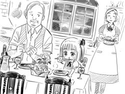 Rule 34 | 1boy, 2girls, :t, beard, bread, closed eyes, cup, drinking glass, drinking straw, eating, embodiment of scarlet devil, facial hair, food, gensoukoumuten, greyscale, hair ribbon, monochrome, multiple girls, pitcher (container), ribbon, rumia, short hair, size difference, smile, touhou, wine glass