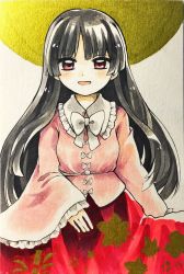 Rule 34 | black hair, blunt bangs, bow, bowtie, brown eyes, collared shirt, commentary request, floral print, full moon, highres, hime cut, houraisan kaguya, japanese clothes, long hair, long skirt, long sleeves, maa (forsythia1729), marker (medium), moon, open mouth, pink shirt, red skirt, shirt, skirt, sleeves past wrists, touhou, traditional media, very long hair, white bow, white bowtie, wide sleeves