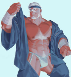 Rule 34 | 1boy, abs, bandages, bandaid, bandaid on face, bandaid on nose, bara, bare pectorals, beard, blue kimono, bulge, chest hair, clothing cutout, facial hair, fundoshi, gluteal fold, headband, highres, japanese clothes, kimono, large pectorals, male focus, male underwear, mature male, muscular, muscular male, navel, navel hair, nipples, open clothes, open kimono, original, pectorals, rollingstonex6, short hair, smile, solo, stomach, thick eyebrows, thick thighs, thigh cutout, thighs, underwear, white hir, white male underwear