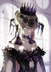 Rule 34 | 1girl, armor, artoria pendragon (all), artoria pendragon (fate), black cape, black dress, black sleeves, breasts, cape, choker, cleavage, closed mouth, collarbone, commentary request, crown, cutout above navel, detached sleeves, dress, expressionless, fate/stay night, fate (series), feather trim, head tilt, highres, lace, lace choker, lips, looking at viewer, medium breasts, pale skin, pauldrons, saber alter, shoulder armor, sidelocks, solo, tsurukame, upper body, window, yellow eyes