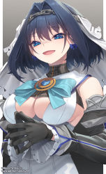 Rule 34 | 1girl, :d, absurdres, black gloves, blue bow, blue eyes, blue hair, bow, bow earrings, breasts, chain, chain headband, cleavage cutout, clothing cutout, commentary, detached sleeves, earrings, gloves, gradient background, hair between eyes, hair intakes, head chain, highres, hololive, hololive english, jewelry, jjune, large breasts, long sleeves, looking at viewer, open mouth, ouro kronii, pillarboxed, shirt, short hair, smile, solo, steepled fingers, striped, upper body, veil, vertical stripes, virtual youtuber, watermark, web address, white shirt