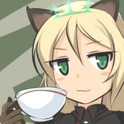 Rule 34 | 1girl, :3, animal ears, bad id, bad pixiv id, blonde hair, blush stickers, brown gloves, cat ears, cup, gloves, green eyes, heinrike prinzessin zu sayn-wittgenstein, hirschgeweih antennas, holding, long hair, lowres, military, military uniform, momio, noble witches, smug, solo, strike witches, teacup, uniform, upper body, world witches series