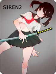 Rule 34 | 1girl, katana, kiyu tsuitta, midriff, navel, school uniform, serafuku, siren (series), siren 2, skirt, solo, sword, twintails, weapon, yagura ichiko