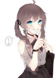Rule 34 | 1girl, absurdres, ahoge, bag, black skirt, blush, brown hair, chiyomaru (yumichiyo0606), clothing cutout, commentary request, grey shirt, grin, hair between eyes, hands up, highres, hololive, index finger raised, long hair, looking at viewer, mask, mask pull, mouth mask, natsuiro matsuri, natsuiro matsuri (casual), pleated skirt, ringlets, see-through, see-through sleeves, shirt, short sleeves, shoulder cutout, simple background, skirt, smile, solo, surgical mask, translation request, twintails, virtual youtuber, white background