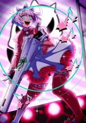 Rule 34 | 1girl, ahoge, blue eyes, bracelet, collar, elphelt valentine, frills, guilty gear, guilty gear strive, hairband, highres, huge ahoge, jacket, jewelry, kitsune23star, looking at viewer, microphone, music, open mouth, pink jacket, short hair, singing, smile, solo, spiked bracelet, spiked collar, spiked hairband, spikes, stage, stage lights, white hair