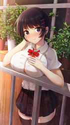 Rule 34 | 1girl, absurdres, blush, bow, breast rest, breasts, brown hair, closed mouth, commentary request, hair ornament, hairpin, hand on own chest, highres, huge breasts, kannko bokujou, large breasts, looking at viewer, original, plaid, plaid skirt, plant, pleated, pleated skirt, purple eyes, purple thighhighs, red bow, red neckwear, revision, shirt, short hair, short sleeves, skirt, solo, standing, thighhighs, uniform, white shirt
