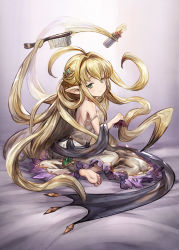 Rule 34 | 1girl, absurdly long hair, ahoge, back, bare shoulders, barefoot, blonde hair, brush, comb, dress, ecien, from behind, granblue fantasy, green eyes, hair ornament, harvin, highres, living hair, long hair, looking at viewer, looking back, melissabelle, pointy ears, prehensile hair, sitting, soles, solo, strap slip, very long hair, wariza, white dress