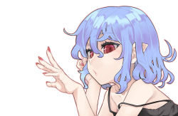 Rule 34 | 1girl, blue hair, commentary request, face, fingernails, lingerie, lips, long fingernails, looking at hand, medium hair, nail polish, negligee, nightgown, open mouth, outline, pointy ears, pursed lips, red eyes, red nails, remilia scarlet, shamo (koumakantv), simple background, solo, touhou, underwear, white background