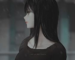 Rule 34 | 1girl, aoi ogata, artist name, black hair, black shirt, blurry, blurry background, closed mouth, commentary, depth of field, english commentary, grey eyes, hair between eyes, highres, long hair, looking away, looking to the side, original, profile, shirt, solo, upper body