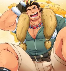 Rule 34 | 1boy, bara, bare pectorals, beige shorts, black hair, blonde hair, blush, chest hair, facial hair, feet out of frame, green shirt, greyscale, hairy, halo, halo behind head, highres, kontahsm, large pectorals, long sideburns, male focus, monochrome, multicolored hair, muscular, muscular male, one eye closed, open mouth, partially unbuttoned, pectoral cleavage, pectorals, shirt, short hair, shorts, sideburns, solo, spread legs, streaked hair, stubble, thick eyebrows, tokyo houkago summoners, yamasachihiko (housamo)