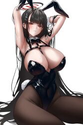 Rule 34 | 1girl, absurdres, animal ears, armpits, arms behind head, at congju, black bow, black bowtie, black hair, black leotard, black pantyhose, blue archive, bow, bowtie, breasts, bright pupils, fake animal ears, fake tail, hair ornament, hairclip, halo, highres, huge breasts, leotard, long hair, looking at viewer, pantyhose, parted lips, playboy bunny, rabbit ears, rabbit tail, red eyes, rio (blue archive), simple background, sitting, solo, sweat, tail, very long hair, white background, white pupils