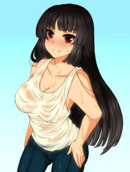 Rule 34 | 1girl, black hair, blush, breasts, cleavage, denim, jeans, large breasts, natsu hotaru, original, pants, red eyes, see-through, see-through shirt, smile, solo, wet, wet clothes