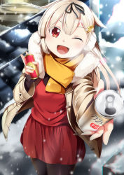 Rule 34 | 1girl, ;d, black pantyhose, black ribbon, blonde hair, can, canned coffee, coat, commentary request, drink can, earmuffs, fang, fur collar, hair between eyes, hair ornament, hair ribbon, hairclip, highres, holding, holding can, kantai collection, long hair, looking at viewer, one eye closed, open mouth, pantyhose, red eyes, ribbon, scarf, smile, snow, solo, v, yasume yukito, yellow scarf, yuudachi (kancolle), yuudachi kai ni (kancolle)