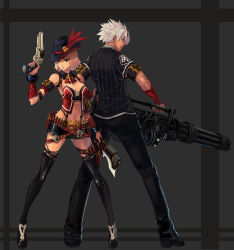 Rule 34 | 00s, absurdres, belt, blonde hair, dungeon and fighter, feathers, female gunner (dungeon and fighter), gatling gun, gloves, gun, gunner (dungeon and fighter), handgun, hat, highres, holster, pants, qbspdl, ranger, revolver, short hair, shorts, weapon, white hair