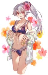 Rule 34 | 1girl, alternate costume, bikini, blue bikini, blush, breasts, chocoan, cleavage, collarbone, drink, fate/grand order, fate (series), flower, frilled bikini, frills, hair between eyes, hair flower, hair ornament, hair ribbon, holding, holding drink, jacket, jacket over swimsuit, long hair, looking at viewer, medium breasts, open mouth, pink flower, ponytail, red eyes, red ribbon, removing jacket, ribbon, smile, solo, swimsuit, tomoe gozen (fate), white background, white hair, white jacket
