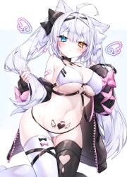 Rule 34 | 1girl, animal ears, blue eyes, blush, breasts, cat ears, cat girl, cleavage, copyright request, heterochromia, highres, kneeling, large breasts, long hair, looking at viewer, midriff, navel, nazu (dz lovew01), orange eyes, pubic tattoo, solo, symbol-shaped pupils, tattoo, thighhighs, twintails, white hair