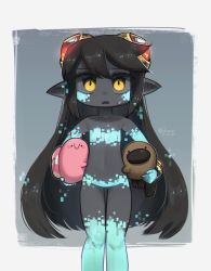 Rule 34 | 1girl, artist name, black hair, black skin, borrowed character, colored skin, dated, efa (tunberuku), female focus, hair ornament, highres, holding, holding stuffed toy, long hair, looking at viewer, open mouth, original, pointy ears, porforever, solo, stuffed toy, sweatdrop