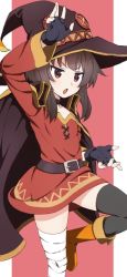 Rule 34 | 1girl, belt, belt buckle, black cape, black gloves, blunt bangs, breasts, brown belt, brown hair, buckle, cape, dress, fingerless gloves, gloves, hat, kono subarashii sekai ni shukufuku wo!, megumin, open mouth, pocho, red dress, red eyes, short hair, short hair with long locks, sidelocks, simple background, small breasts, smile, solo, standing, standing on one leg, witch hat
