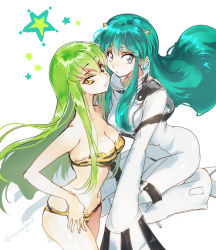 Rule 34 | 2girls, :o, alternate costume, animal print, aqua hair, bandeau, bare legs, bare shoulders, bikini, blue eyes, bodysuit, breasts, c.c., c.c. (cosplay), cleavage, code geass, color connection, cone horns, cosplay, costume switch, creayus, crossover, female focus, floating hair, from side, green hair, hair between eyes, hand on leg, hand on own thigh, high heels, horns, kneeling, leaning forward, legs, light smile, long hair, looking at viewer, lum, lum (cosplay), midriff, multiple girls, navel, neck, oni, open mouth, pointy ears, sidelocks, simple background, sketch, sleeves past wrists, smile, standing, star (symbol), straitjacket, strapless, strapless bikini, swimsuit, tiger print, trait connection, tube top, twitter username, urusei yatsura, very long hair, yellow eyes