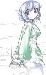 Rule 34 | 1girl, blue eyes, blue hair, blush, boat, covering privates, covering ass, fins, fun bo, giant, giantess, head fins, japanese clothes, kimono, looking at viewer, matching hair/eyes, mermaid, monster girl, obi, sash, solo, tears, touhou, wakasagihime, watercraft, wavy mouth