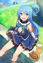 Rule 34 | 10s, 3girls, :d, alcohol, aqua (konosuba), arm support, bare legs, beer, blue dress, blue eyes, blue hair, blue sky, bow, breasts, chicken (food), cleavage, cloud, cloudy sky, collar, commentary request, darkness (konosuba), day, detached sleeves, dress, food, frilled collar, frilled dress, frills, grass, hair ornament, kono subarashii sekai ni shukufuku wo!, long hair, medium breasts, megumin, multiple girls, open mouth, outdoors, plate, red bow, sitting, skirt hold, sky, smile, soaking feet, solo focus, tam-u, tree, water