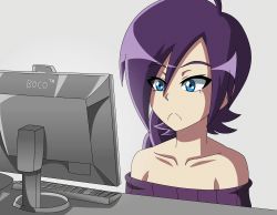 Rule 34 | 1girl, ahoge, animated, animated gif, bare shoulders, blue eyes, blush, borrowed character, collarbone, computer, drooling, frown, keyboard (computer), lewdamone, monitor, off-shoulder, off-shoulder sweater, off shoulder, open mouth, original, purple hair, saliva, smile, solo, sweatdrop, sweater, upper body, wiping mouth, zone-tan