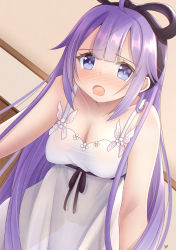 Rule 34 | 1girl, :o, aged up, ahoge, all fours, alternate costume, alternate hairstyle, azur lane, blunt bangs, blush, bow, bowtie, breasts, casual, cleavage, collarbone, commentary request, contemporary, dress, eyes visible through hair, from below, hair down, hairband, highres, long hair, looking at viewer, medium breasts, mirun (funimani), open mouth, purple eyes, purple hair, sidelocks, silhouette, solo, spaghetti strap, unicorn (azur lane), unicorn (icy-sweet storytime) (azur lane), white dress