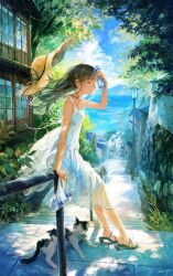 Rule 34 | 1girl, bag, bare shoulders, black hair, bottle, bottle to forehead, breasts, building, cat, closed eyes, cloud, commentary request, day, dress, full body, handrail, hat, high heels, highres, holding, holding bag, holding bottle, lamppost, long hair, maij, no socks, original, outdoors, scenery, sitting, sky, sleeveless, sleeveless dress, small breasts, smile, solo, sun hat, sundress, sunlight, water, white dress, wind