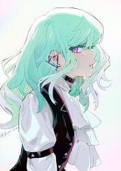 Rule 34 | 1boy, alternate hair length, alternate hairstyle, androgynous, aqua hair, ascot, black vest, choker, earrings, eyelashes, from side, highres, jewelry, kaninn, lio fotia, long hair, looking at viewer, male focus, parted lips, profile, promare, purple eyes, shirt, sideways glance, simple background, solo, stud earrings, triangle earrings, twitter username, upper body, vest, white ascot, white background, white shirt