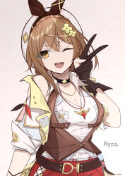 Rule 34 | 1girl, ;d, absurdres, arm at side, atelier (series), atelier ryza, atelier ryza 1, bare shoulders, belt, black choker, black gloves, braid, breasts, brown hair, brown vest, character name, choker, cleavage, collarbone, dot nose, gloves, hair between eyes, hair ornament, hand up, hat, highres, long hair, looking at viewer, medium breasts, mutsu aya, off shoulder, one eye closed, open mouth, partially fingerless gloves, reisalin stout, simple background, smile, solo, teeth, upper body, upper teeth only, v, vest, white background, x hair ornament, yellow eyes