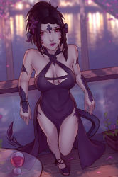 Rule 34 | 1girl, against railing, au ra, warrior of light (ff14), bare shoulders, black dress, black hair, bracelet, braid, breasts, cleavage, cleavage cutout, clothing cutout, commission, criss-cross halter, cup, dragon horns, dragon tail, dress, drinking glass, final fantasy, final fantasy xiv, flower, from above, hair flower, hair ornament, halter dress, halterneck, high heels, horns, jewelry, against railing, lips, looking at viewer, medium breasts, nail polish, night, pelvic curtain, petals, railing, red eyes, reflection, scales, short hair, solo, soranamae, table, tail, water, wine glass