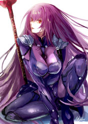 Rule 34 | 1girl, armor, artist name, bodysuit, breasts, fate/grand order, fate (series), gae bolg (fate), hair between eyes, highres, large breasts, lips, long hair, nkyoku, open mouth, pink lips, polearm, purple bodysuit, red eyes, scathach (fate), shoulder armor, simple background, smile, solo, spear, teeth, very long hair, weapon, white background
